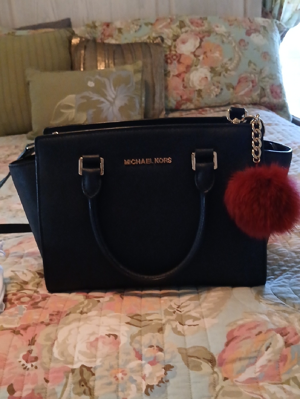 Michael Kors Black Saffiano Leather Satchel with Red Pom Pom Charm